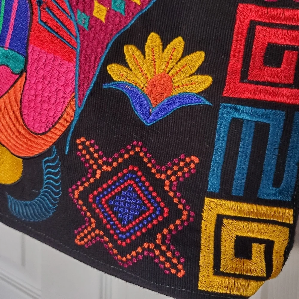 Embroidered Jaguars Tote Bag Multicolor Guatemalan Fabric Lined Zip Large Size
